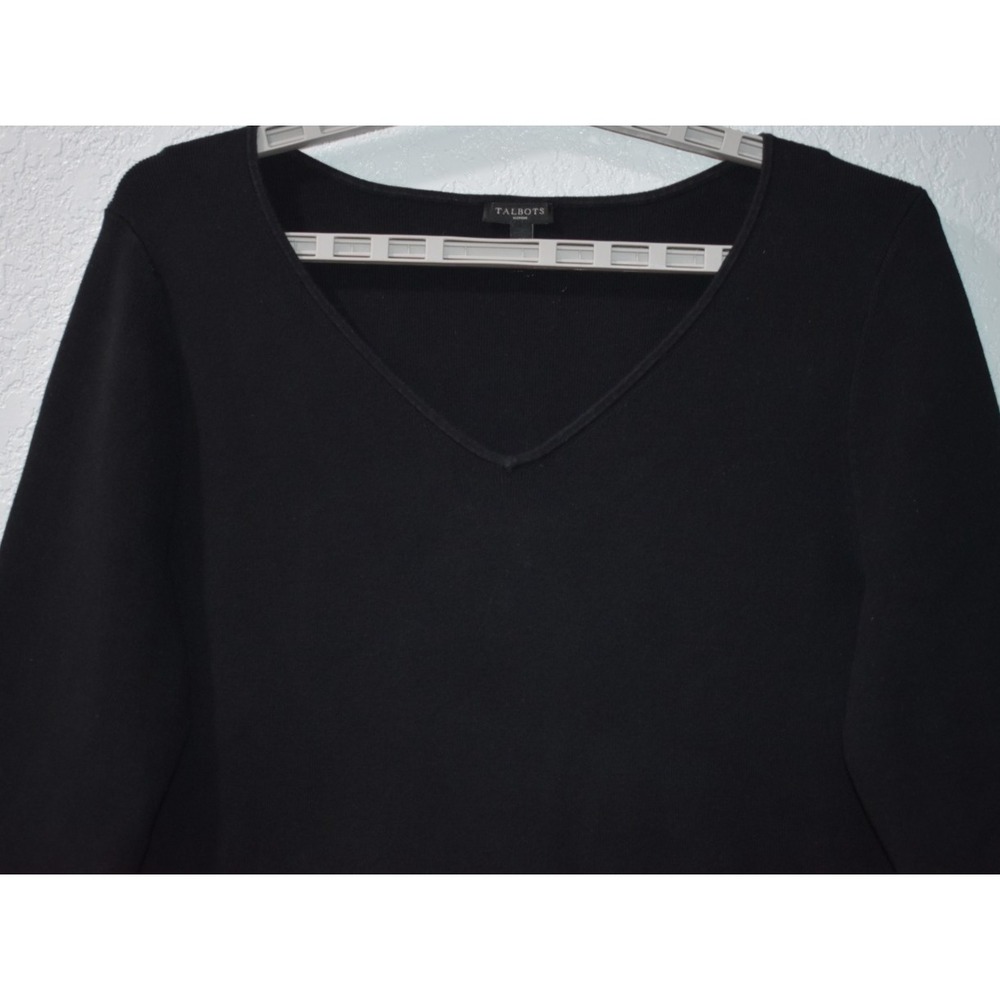 Talbots X Sweater Scallop Trim Solid Stretch VNeck Ribbed Elegant Black Pullover - Picture 7 of 16